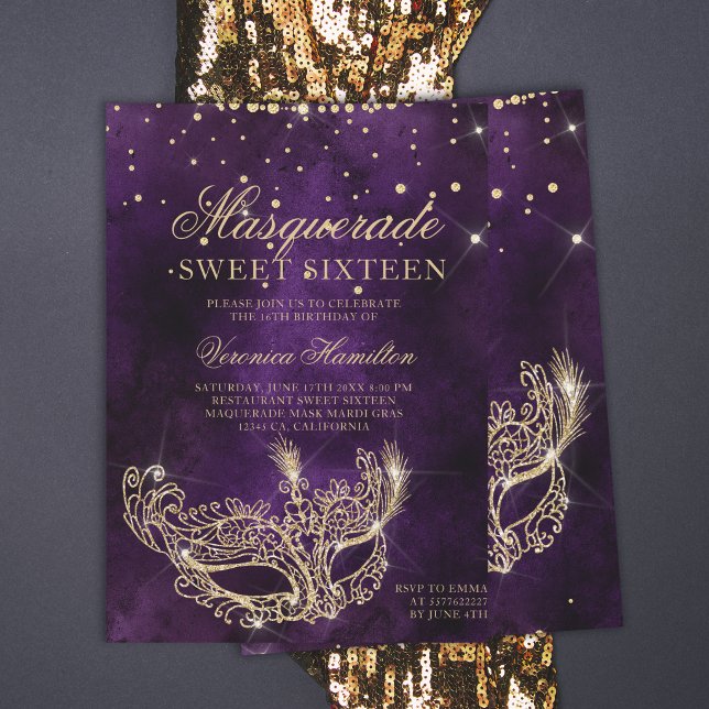 Convites Máscara de mascarada dourada púrpura Doce 16 (Criador carregado)
