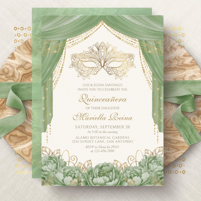 Convites Máscara de Mascarada Moderno Verde Sage Quinceaner (Criador carregado)