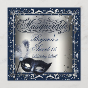 Convites Máscara de Mascarada Prata e Azul Royal para Festa
