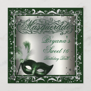 Convites Máscara de Mascarada Prata & Verde Aniversário