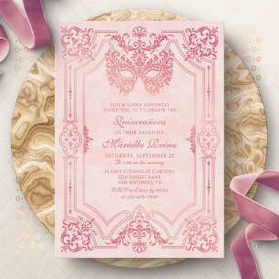 Convites Máscara de Mascarada Rosa Elegante Quinceanera