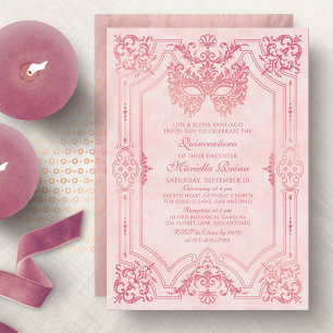 Convites Máscara de Mascarada Rosa Elegante Quinceanera