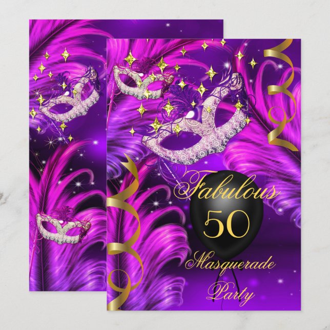 Convites Máscara de Mascarada Rosa Roxo de Aniversário Fabu (Frente/Verso)