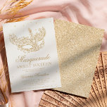 Convites Máscara de ouro preto-mascarada Doce 16<br><div class="desc">Um doce moderno,  chico e glamouroso dezesseis,  com uma máscara de mascarada de brilho dourado desenhada à mão com faíscas de diamante dourado em um fundo branco editável com brilho dourado na parte de trás.</div>