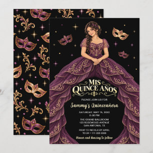 Convites Máscara de Ouro Roxo Quinceañera