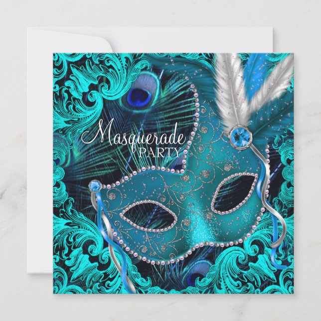 Convites Máscara de Pavão Azul Turquesa Festa de Mascarada (Frente)