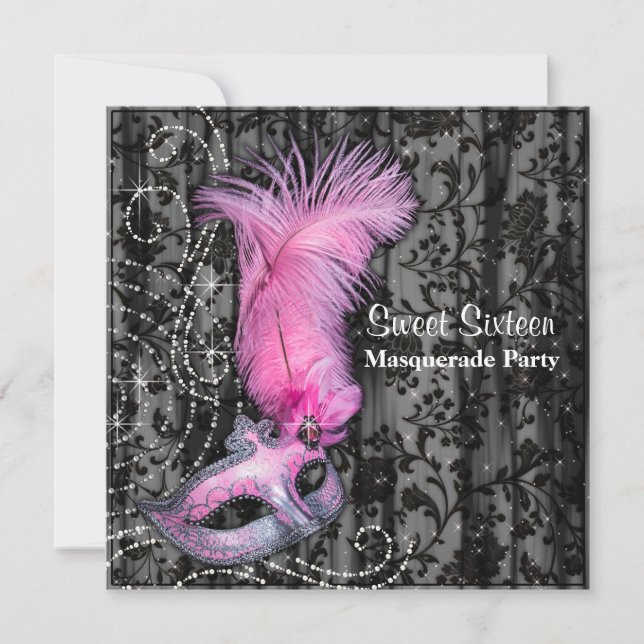 Convites Máscara de pena, cor-de-rosa, Festa de 16 Mascarad (Frente)