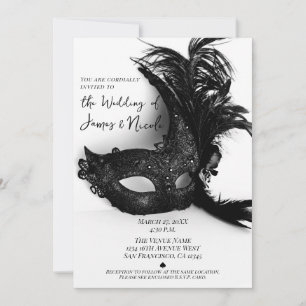 Convites Máscara de Pena Elegante Casamento Preto e Branco