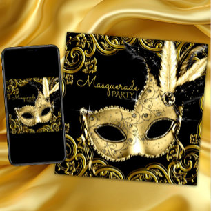 Convites Máscara de Pena Preta e Dourada Festa de Mascarada