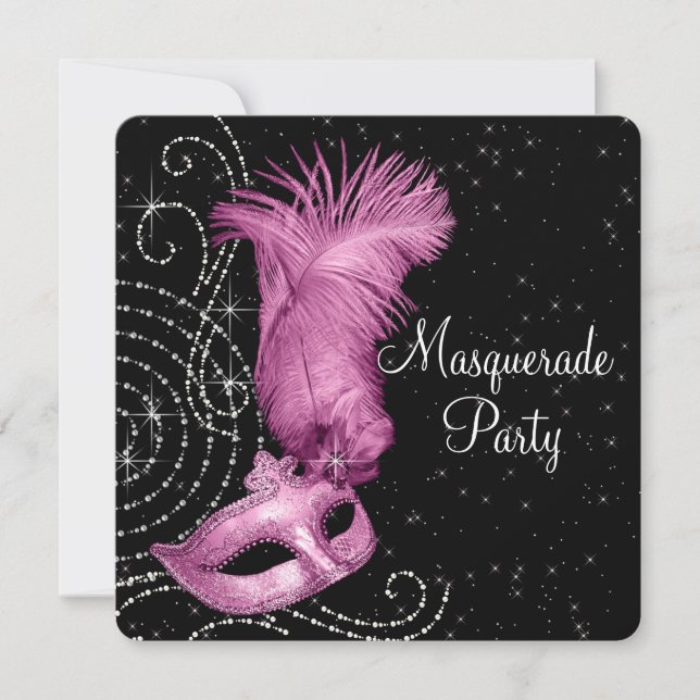 Convites Máscara de Pena Rosa Festa de Mascarados (Frente)