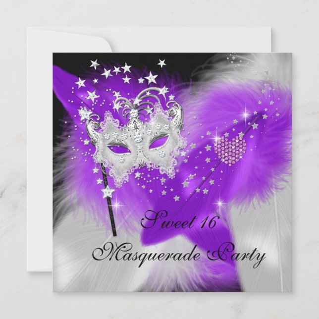 Convites Máscara de Pena Roxa Branca Masquerade Sweet 16 (Frente)