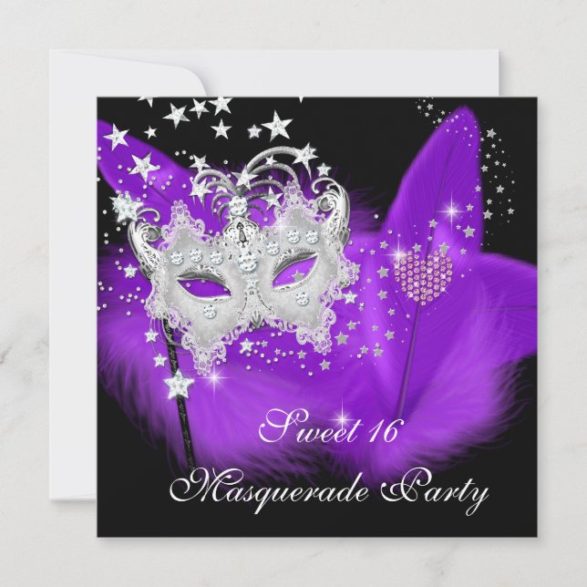 Convites Máscara de Pena Roxa Preta Masquerade Sweet 16 (Frente)
