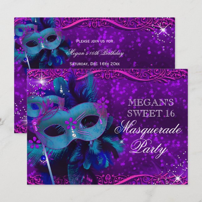 Convites Máscara de Pena Roxa Teal Mascarada Sweet 16 (Frente/Verso)