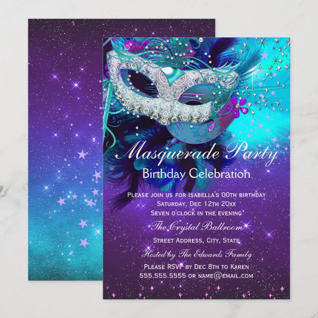 Convites Máscara de Pena Roxa Turquesa Festa de Aniversário (Frente/Verso)
