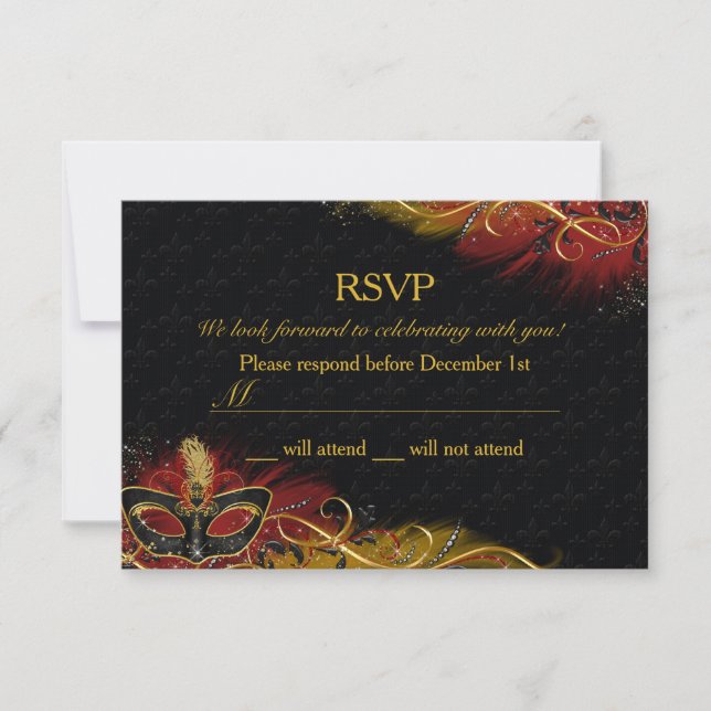 Convites Máscara de Pena Vermelha e Dourada Sparkle RSVP de (Frente)