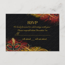 Convites Máscara de Pena Vermelha e Dourada Sparkle RSVP de