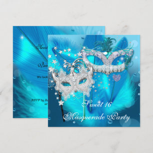 Convites Máscara de Penas Azul Turquesa Masquerade Sweet 16