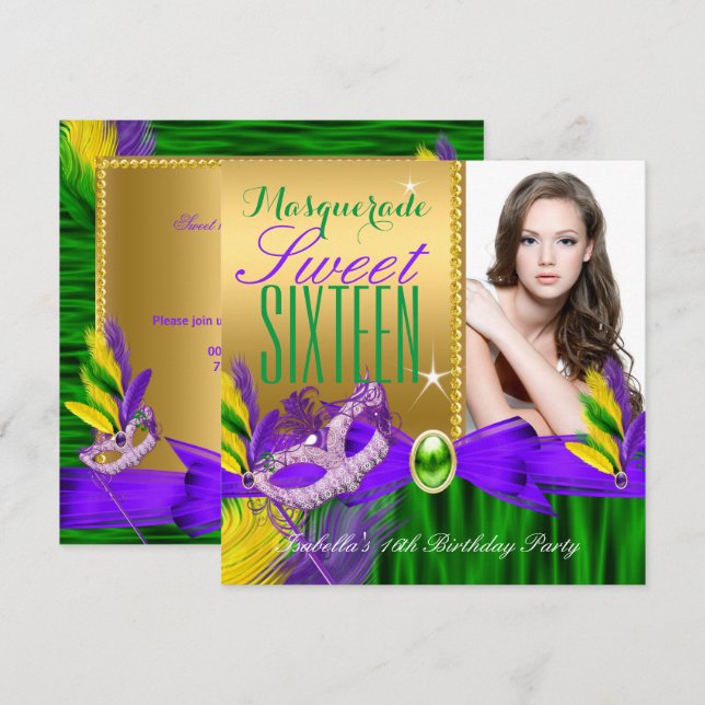Convites Máscara de Penas Violeta Verde Dourado Masquerade  (Frente/Verso)