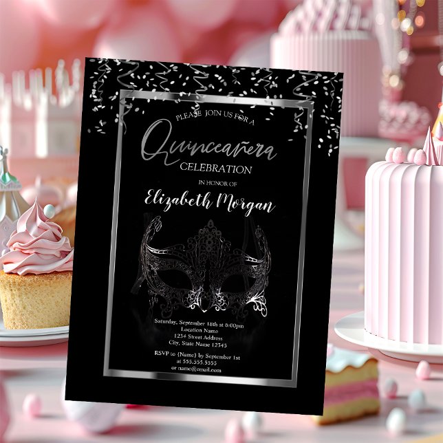 Convites Máscara de Prata, Quadro, Confetes Quinceañera (Criador carregado)