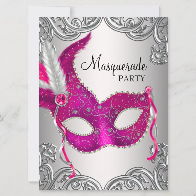 Convites Máscara de Prata Rosa Quente Festa de Baile de Más (Frente)