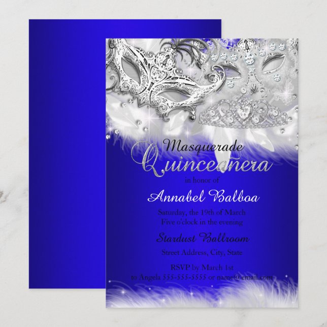 Convites Máscara de Quinceanera Azul Real com Brilho Pratea (Frente/Verso)