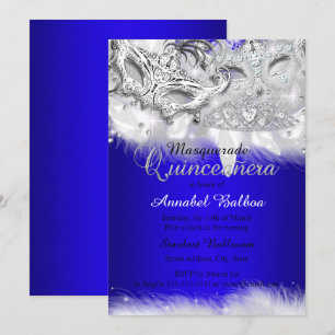 Convites Máscara de Quinceanera Azul Real com Brilho Pratea