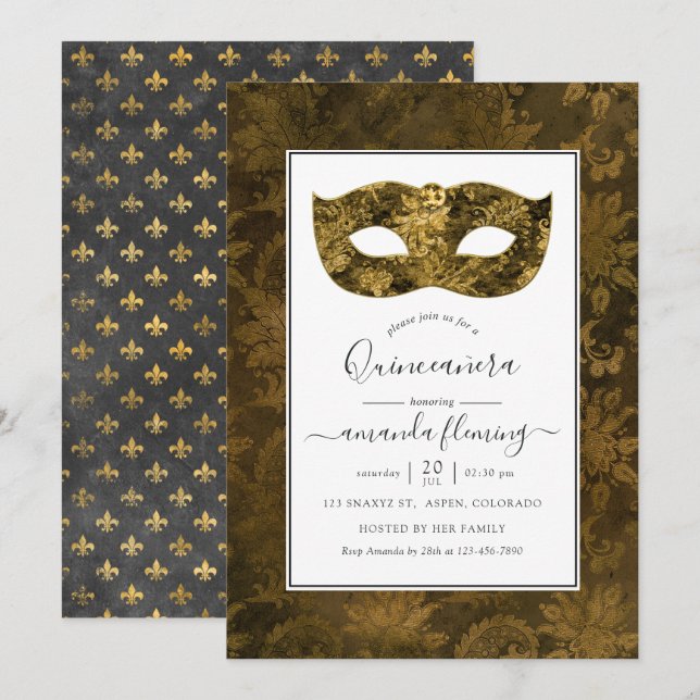 Convites Máscara de Quinceañera Dourada Vintage (Frente/Verso)
