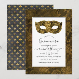 Convites Máscara de Quinceañera Dourada Vintage