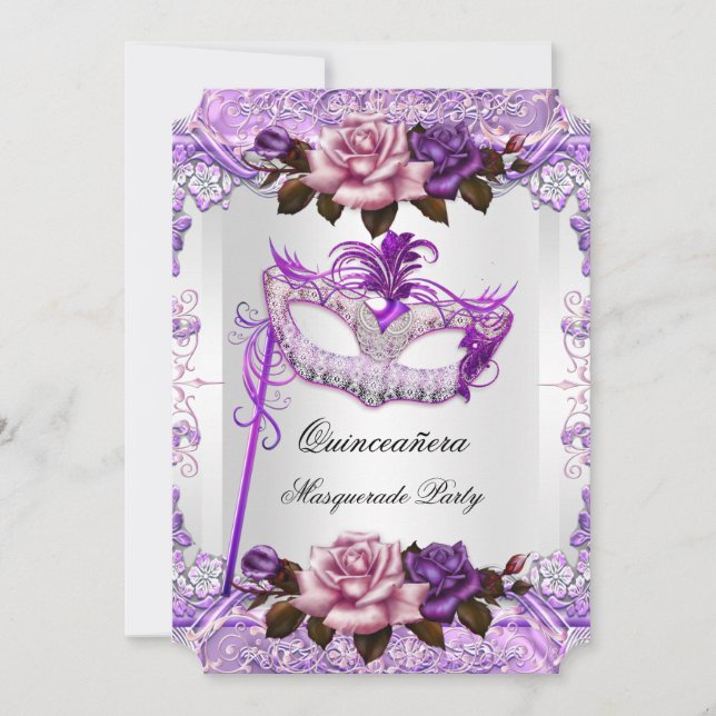 Convites Máscara de Quinze Anos Prata Rosa Roxo Rosa (Frente)