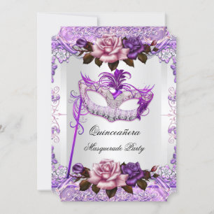 Convites Máscara de Quinze Anos Prata Rosa Roxo Rosa