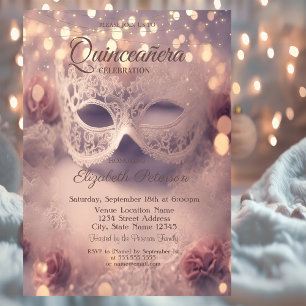 Convites Máscara de Renda Branca Rosas Quinceañera