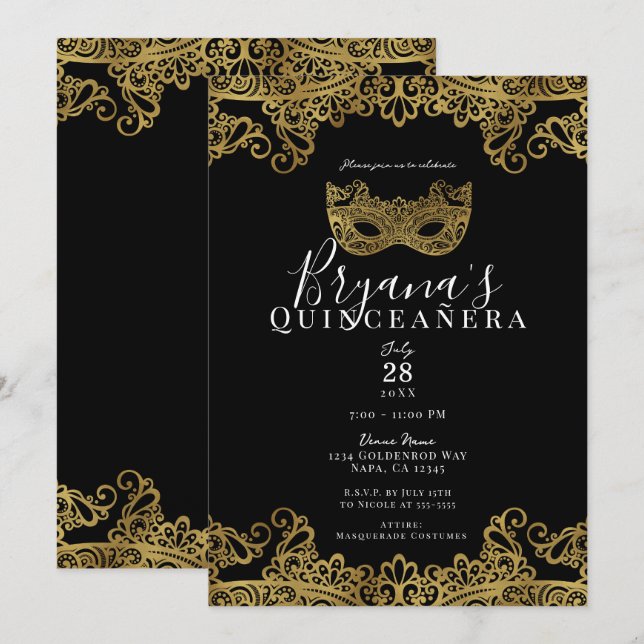 Convites Máscara de renda preta e dourada 15ª Quinceañera (Frente/Verso)