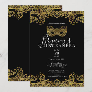 Convites Máscara de renda preta e dourada 15ª Quinceañera