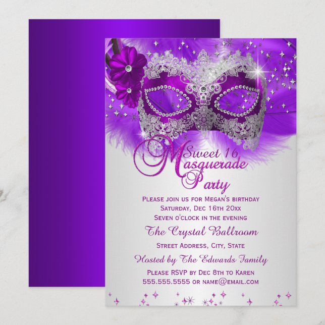 Convites Máscara de Renda Roxa Prata Mascarada Sweet 16 (Frente/Verso)
