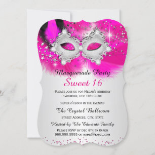 Convites Máscara de Renda Sweet 16 Rosa Quente Prata Mascar