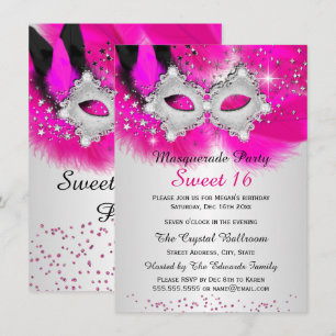 Convites Máscara de Renda Sweet 16 Rosa Quente Prata Mascar