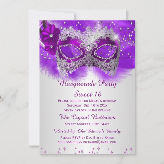 Convites Máscara de Renda Sweet 16 Roxo Prata Mascarada (Frente)