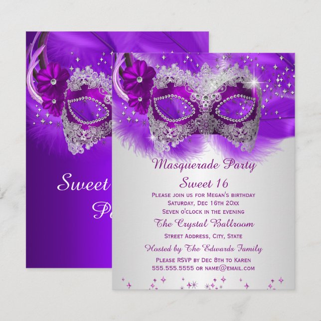 Convites Máscara de Renda Sweet 16 Roxo Prata Mascarada (Frente/Verso)