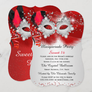 Convites Máscara de Renda Sweet 16 Vermelha Prata Mascarada