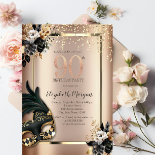 Convites Máscara de Rosas Pretas Elegantes Confetes 90º