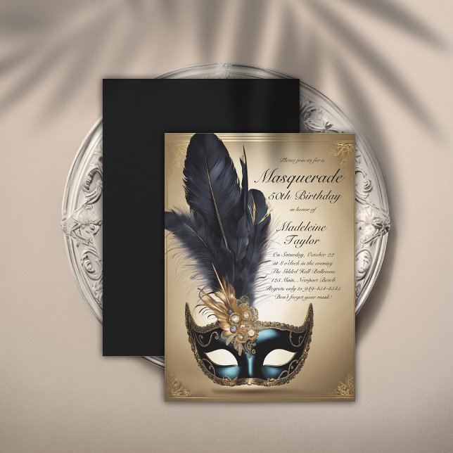 Convites Máscara de Veneza Dourada mascarada Black 50º Aniv (masquerade 50th birthday party invitation glamorous gold black venetian mask elegant modern classy)