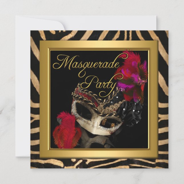 Convites Máscara de Zebra de Mascarada Vermelho Dourado Fes (Frente)