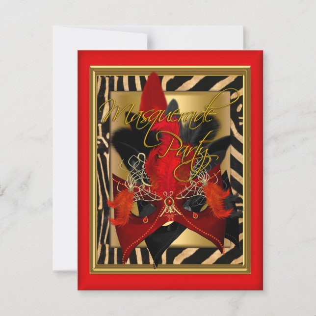 Convites Máscara de Zebra de Mascarada Vermelho Dourado Fes (Frente)