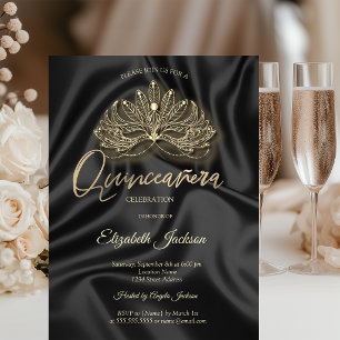 Convites Máscara Dourada de Quinceanera de Cetim Preto