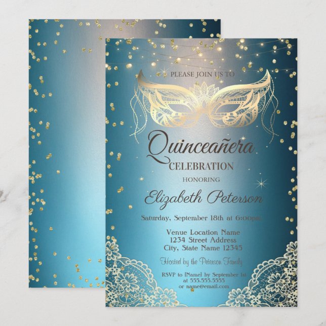 Convites Máscara Dourada de Renda, Diamantes Quinceañera (Frente/Verso)