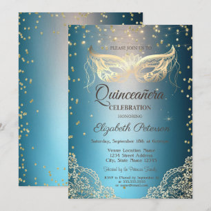 Convites Máscara Dourada de Renda, Diamantes Quinceañera
