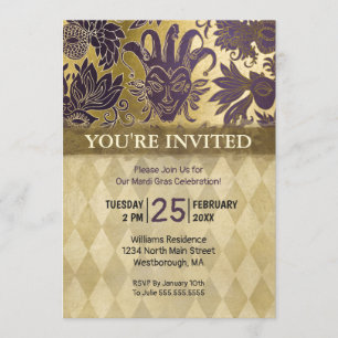 Convites Máscara Dourada do Partido Mardi Gras Roxo