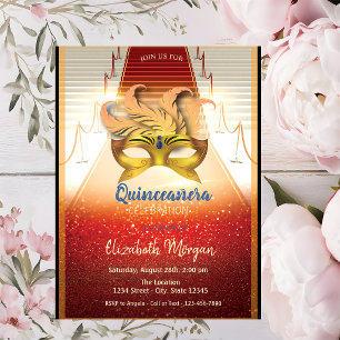 Convites Máscara Dourada Elegante, Quinceanera no Tapete Ve