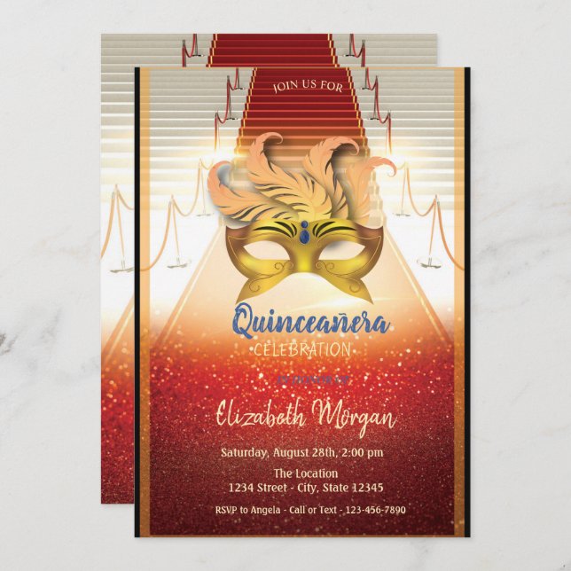 Convites Máscara Dourada Elegante, Quinceanera no Tapete Ve (Frente/Verso)