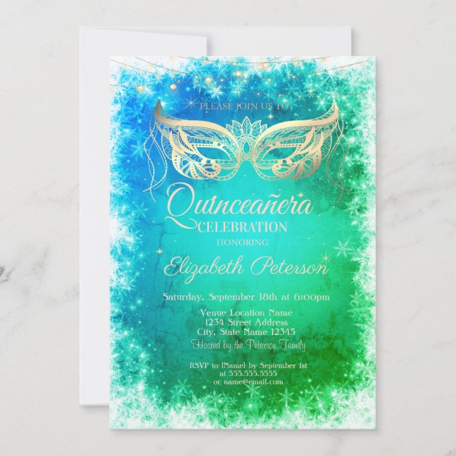 Convites Máscara Dourada Flocos de Neve Verde Quinceanera (Frente)